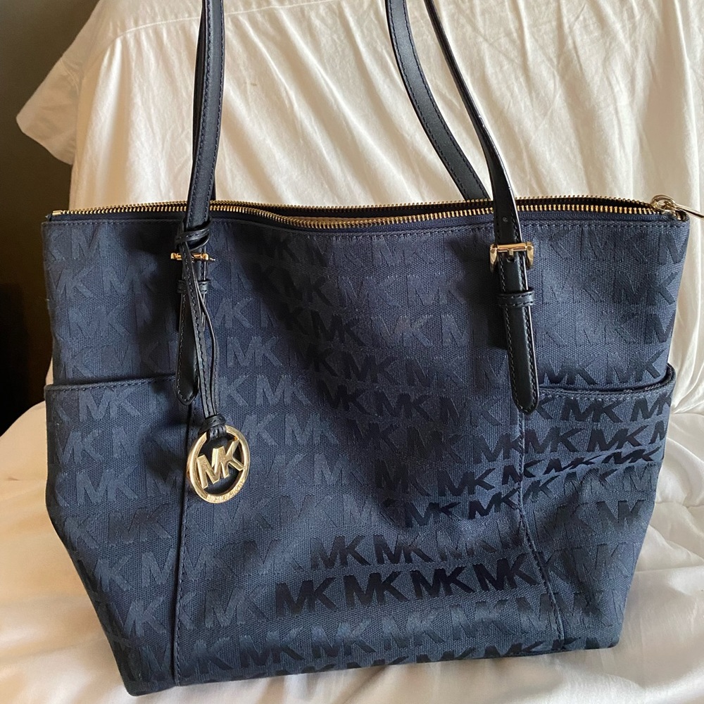 MICHAEL Michael Kors Navy MK Logo Tote with Gold Charm